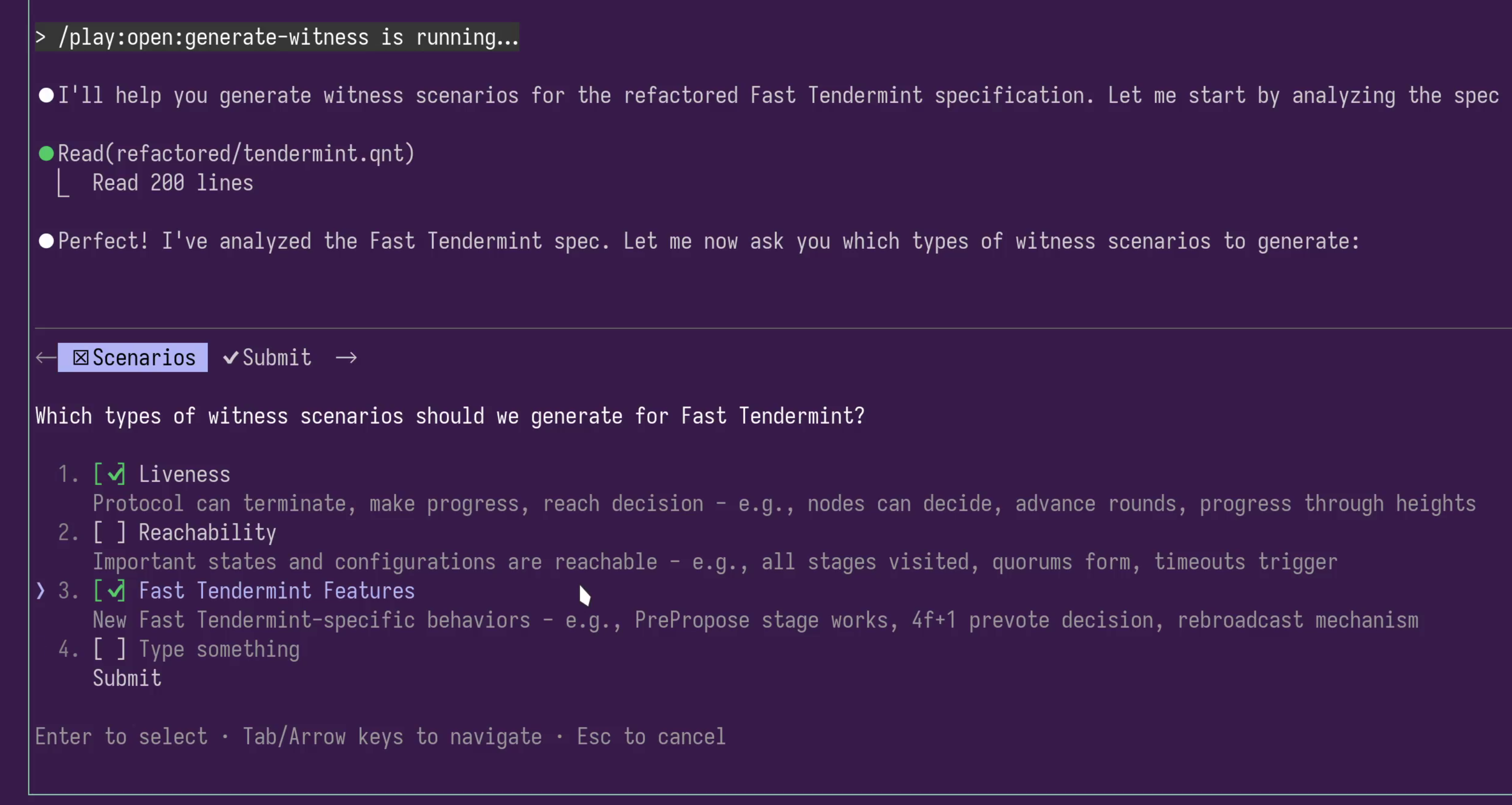 AI chat suggesting a few witness scenarios for the user to select
